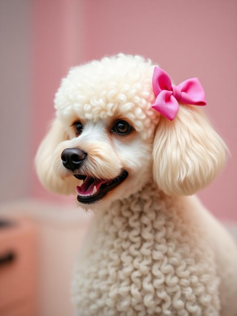 Groomed poodle with pink bow